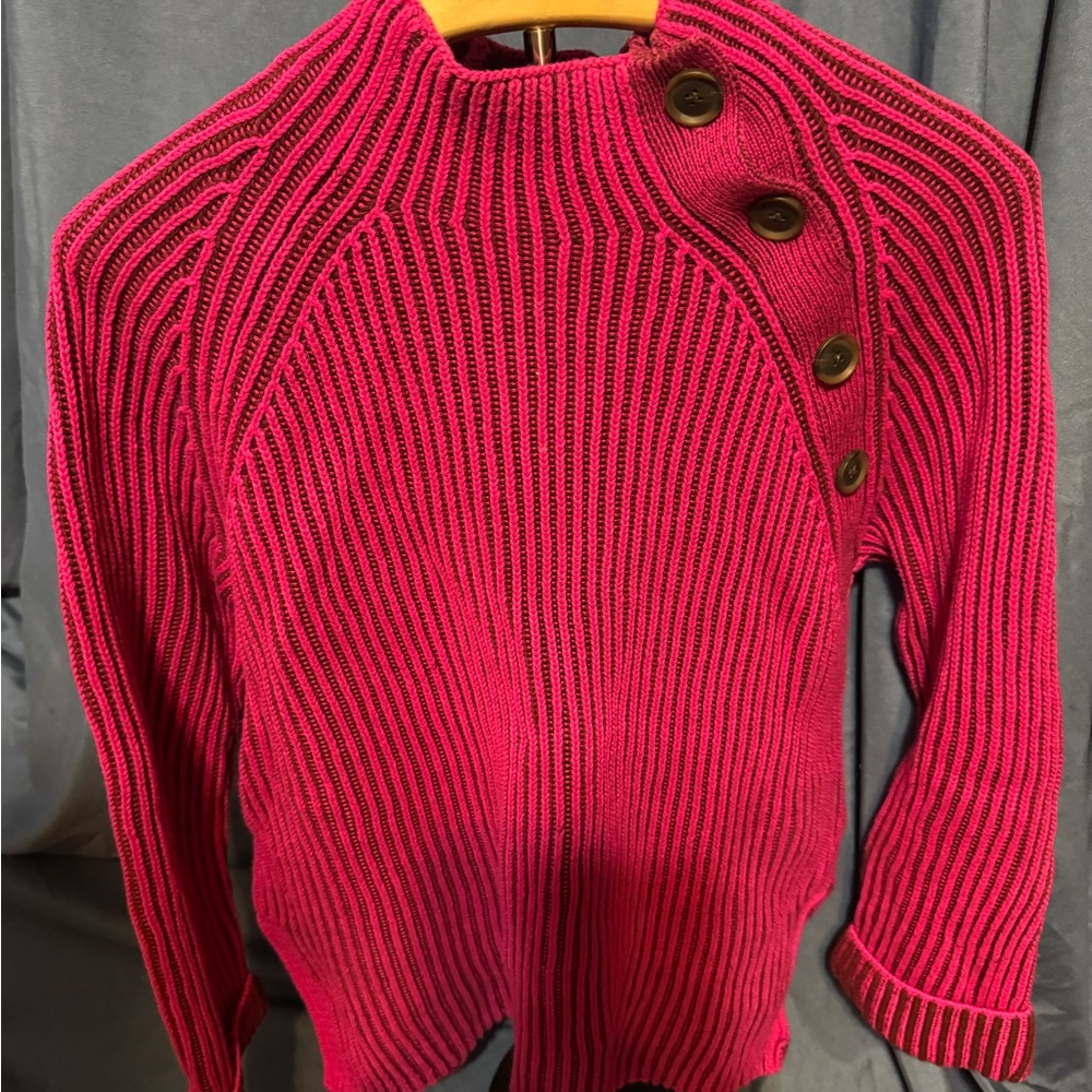 GAP Ribbed Cowl Sweater in Bright Pink with Brown Buttons